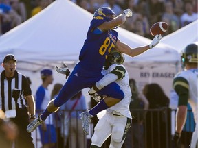 UBC Thunderbirds Alex Morrison leaps for the ball against the University of Regina Rams during CIS Canada West action at Vancouver in September 2015.