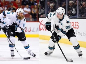 FILE - At left, in a Nov. 1, 2016, file photo, San Jose Sharks center Joe Thornton (19) skates to the puck against the Arizona Coyotes during the first period of an NHL hockey game, in Glendale, Ariz. At right, in a Nov. 30, 2016, file photo, San Jose Sharks center Logan Couture (39) skates with the puck during the third period of an NHL hockey game against the Los Angeles Kings in Los Angeles. he Sharks begin preprations for the playoffs with the status of top two centers, Thornton and Couture,