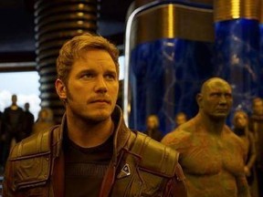 This image released by Disney-Marvel shows Chris Pratt, left, and Dave Bautista in a scene from, &ampquot;Guardians Of The Galaxy Vol. 2.&ampquot; (Disney-Marvel via AP)