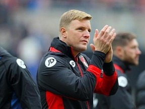 AFC Bournemouth manager Eddie Howe applauds the fans after the final whistle of the English Premier League soccer match against Sunderland at the Stadium of Light, Sunderland, England, Saturday, April 29, 2017. (Richard Sellers/PA via AP)