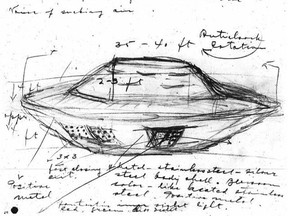 A sketch of a UFO reportedly observed in Falcon Lake, Man., in 1967 is shown in a handout.