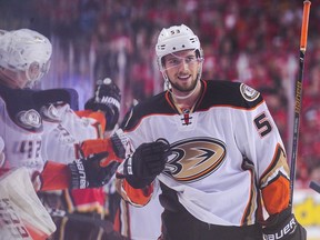 Aldergrove's Shea Theodore of the Anaheim Ducks celebrates with the bench after scoring his team's fourth goal against the Calgary Flames to force overtime in Game 3 of the Western Conference First Round during the 2017 NHL Stanley Cup Playoffs.