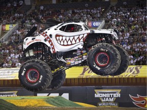 Canadian Cynthia Gauthier’s ride — the Monster Mutt Dalmatian — gets airborne at a Monster truck show.