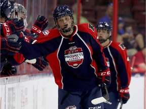 Casey Mittelstadt of Team Howe celebrates his goal against Team LeClair during the CCM/USA Hockey All-American Prospects Game on Sept. 22, 2016, at the Wells Fargo Center in Philadelphia.