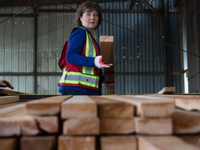 British Columbia Premier Christy Clark moves a piece of lumber off a sorting line before speaking about U.S. import duties on Canadian softwood lumber, at Partap Forest Products in Maple Ridge, B.C., on Tuesday April 25, 2017.
