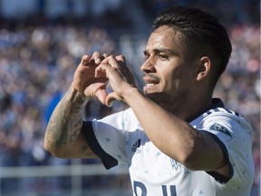 Vancouver Whitecaps midfielder Cristian Techera celebrates his goal against the Montreal Impact during second half MLS action Saturday, April 29, 2017 in Montreal.
