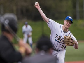 UBC Thunderbirds righty Christian Botnick delivers a pitch against the Oregon Tech Institute Hustlin' Owls during NAIA baseball action at UBC in Vancouver, BC, April, 23, 2017.