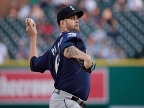 James Paxton of the Seattle Mariners throws a first-inning pitch while playing the Detroit Tigers at Comerica Park on April 26th, 2017 in Detroit, Michigan.