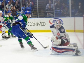 Nikolay Goldobin pots a goal on Friday night against Hartford. He scored four goals in the final two AHL games of the Comets' season.