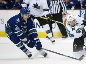 FILE - In this April 2, 2017, file photo, Vancouver Canucks' Griffen Molino, left, deflects a shot by San Jose Sharks' Melker Karlsson, right, of Sweden, during the third period of an NHL hockey game, in Vancouver, British Columbia. Going directly from college hockey to the NHL is the new norm for top young players like Molino. (Darryl Dyck/The Canadian Press via AP, File) ORG XMIT: NY166