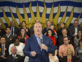 NDP Leader John Horgan leads a town hall meeting at Orpheum Annex in Vancouver, B.C., April 11, 2017.