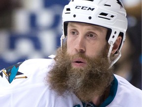 San Jose Sharks' Joe Thornton watches the play during the first period of an NHL hockey game against the Vancouver Canucks in Vancouver, B.C., on Sunday April 2, 2017.