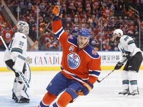 Zack Kassian celebrates his goal during the second period of Game 2 versus the Sharks. NHL playoff action in Edmonton, Alta., on Friday April 14, 2017.