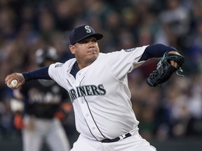 Felix Hernandez delivers a pitch during the first inning of a game against the Miami Marlins at Safeco Field on April 19, 2017.