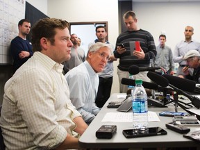 Seattle Seahawks oach Pete Carroll and general manager John Schneider, front, speak with reporters in Renton, Wash. on Saturday, April 30, 2016, after the end of the NFL football draft. The Seahawks made 10 draft picks over the 7 rounds, concluding with running back Zac Brooks as the 247th pick. (Lindsey Wasson/The Seattle Times via AP) ORG XMIT: WASET101