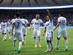 Cristian Techera celebrates his goal during first half MLS soccer action against the Los Angeles Galaxy earlier this season..