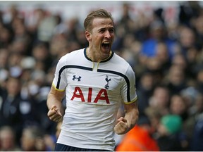 Tottenham's Harry Kane celebrates after scoring during the English Premier League soccer match between Tottenham Hotspur and Arsenal at the White Hart Lane stadium in London in 2015.