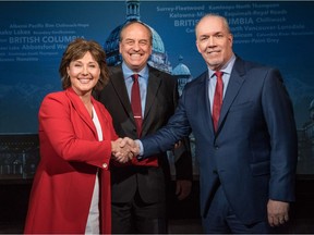From left, B.C. Liberal Leader Christy Clark, Green party Leader Andrew Weaver and NDP Leader John Horgan pose before the televised leaders debate Wednesday.