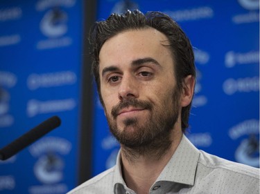 Vancouver, BC: April 11, 2017 -- Vancouver Canucks players face the media at Rogers Arena Tuesday, April 11, 2017. Pictured is Ryan Miller.