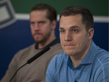 Vancouver, BC: April 11, 2017 -- Vancouver Canucks players face the media at Rogers Arena Tuesday, April 11, 2017. Pictured is Bo Horvat (right) and Jacob Markstrom.