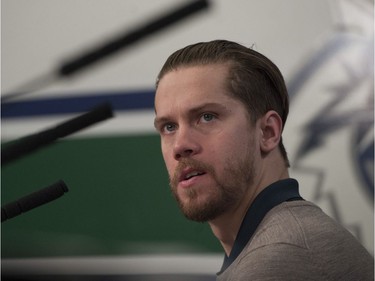 Vancouver, BC: April 11, 2017 -- Vancouver Canucks players face the media at Rogers Arena Tuesday, April 11, 2017. Pictured is  Jacob Markstrom.