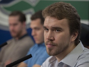 Vancouver, BC: April 11, 2017 -- Vancouver Canucks players face the media at Rogers Arena Tuesday, April 11, 2017. Pictured is Nikita Tryamkin.