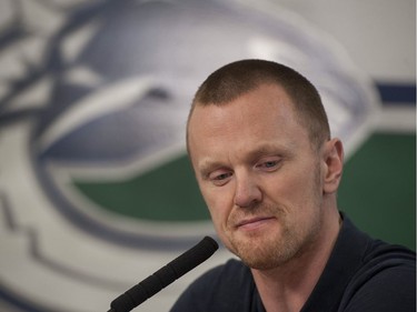 Vancouver, BC: April 11, 2017 -- Vancouver Canucks players face the media at Rogers Arena Tuesday, April 11, 2017. Pictured is Henrik Sedin.