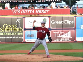 Victoria native Nick Pivetta throws a pitch last season for the Lehigh Valley IronPigs, the Philadelphia Phillies' triple-A affiliate. The team wore a jersey with the Bacon USA logo for Saturday games.