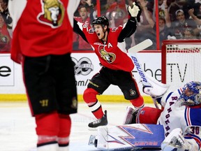 Ottawa Senators centre Kyle Turris celebrates his team’s goal in Game 2 of its second-round series against the New York Rangers at the Canadian Tire Centre in Ottawa.