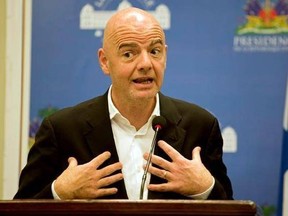 FIFA President Gianni Infantino gives a press conference at the National Palace in Port-au-Prince, Haiti, Saturday, April 29, 2017. Infantino is in Haiti for a one day visit, and will travel to Cuba in the evening. (AP Photo/Dieu Nalio Chery)