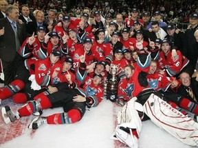 Kelowna Rockets celebrate their Memorial Cup victory in Kelowna, B.C., on May 23, 2004. Captain Josh Gorges is at centre left, and goalie Kelly Guard is at centre right. Kelly Guard entered the 2004 Memorial Cup on a mission to prove himself. His name is still atop the record books 13 years later. Guard set a new Western Hockey League standard in 2004 with the Kelowna Rockets. He went 44-14-4 in 62 games, finishing the regular season with 13 shutouts and a 1.56 goals-against average -- both reco