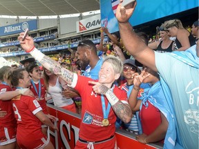 Jennifer Kish of Canada celebrates with fans after her team's win in the Women's Final match between Canada and USA in the 2017 HSBC Sydney Sevens at Allianz Stadium on February 4, 2017 in Sydney, Australia.