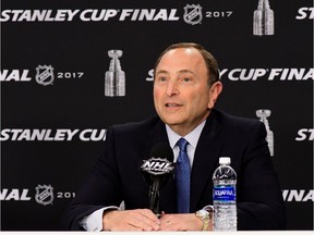 National Hockey League commissioner Gary Bettman speaks to the media before Game 1 of the 2017 NHL Stanley Cup Final between the Pittsburgh Penguins and the Nashville Predators at PPG Paints Arena on May 29, 2017.