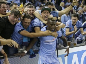 Bernie Ibini-Isei of Sydney FC celebrates a goal with fans during the round 17 A-League match between the Melbourne Victory and Sydney FC at Etihad Stadium on January 26, 2017 in Melbourne, Australia.