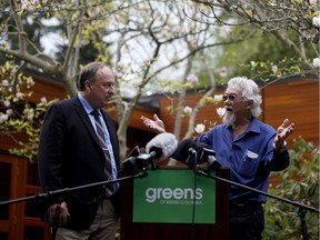 B.C. Green party leader Andrew Weaver looks on as David Suzuki announces his endorsement for the Green party during a campaign stop at the University of Victoria on Wednesday, May 3, 2017.