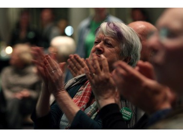 Green party supporter Margo Landry-Anderson watches as results come in from election night at the Delta Ocean Pointe on election night in Victoria, B.C., on Tuesday, May 9, 2017.