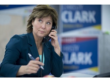 B.C. Liberal leader Christy Clark makes phone calls from her campaign headquarters in West Kelowna, B.C., Tuesday, May 9, 2017.   The British Columbia election will be held on Tuesday.