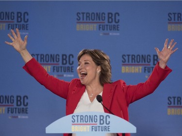 B.C. Liberal leader Christy Clark waves to the crowd following the B.C. Liberal election in Vancouver, B.C., Wednesday, May 10, 2017.