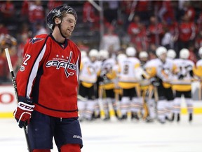 Evgeny Kuznetsov of the Washington Capitals reacts after losing to the Pittsburgh Penguins in Game One of the Eastern Conference Second Round during the 2017 NHL Stanley Cup Playoffs at Verizon Center on April 27 in Washington. The Pittsburgh Penguins won 3-2.