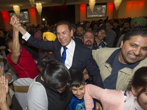 Newly-elected NDP MLA Jagrup Brar meets his supporters in Surrey, BC Tuesday, May 9, 2017 after the NDP won the Surrey-Fleetwood riding.