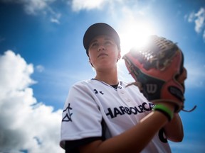 Pitcher Claire Eccles, 19, poses for a photograph at the University of British Columbia in Vancouver, B.C., on Friday May 12, 2017.