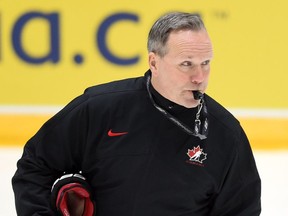 Dave Lowry blows his whistle during a Team Canada practice in Helsinki, Finland on Friday, December 25, 2015, prior to the start of the IIHF World Junior Championship on Dec 26.