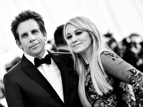 NEW YORK, NY - MAY 02:  (EDITORS NOTE: Image has been converted to black and white.) Ben Stiller (L) and Christine Taylor attend the "Manus x Machina: Fashion In An Age Of Technology" Costume Institute Gala at Metropolitan Museum of Art on May 2, 2016 in New York City.