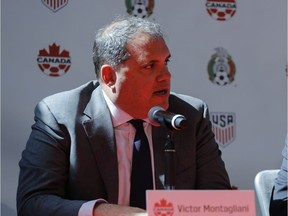 Victor Montagliani CONCACAF President speaks during a press conference announcing the next soccer 2026 World Cup in North America during a press conference on April 10, 2017 at the One World Trade Center in New York The United States, Mexico and Canada announced a joint bid to stage the 2026 World Cup on Monday, aiming to become the first three-way co-hosts in the history of FIFA's showpiece tournament.  /