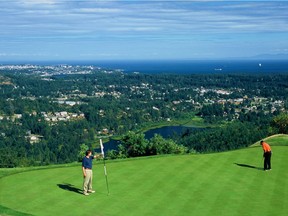 Golfers test their mettle on the 18th hole at The Westin Bear Mountain Victoria Golf Resort.