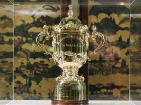 In this May 9, 2017 photo, the Webb Ellis Cup is displayed in Kyoto, Japan,  a day before the draw for the pool stage of the 2019 Rugby World Cup tournament.