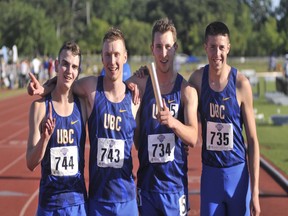 Max Trummer, Christopher Taylor, Lukas Jarron, Rhys Kramer celebrated UBC's win in the 4x800 metres at the NAIA nationals.