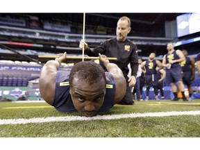 Mississippi State offensive lineman Justin Senior, who the B.C. Lions fell in love while scouting, is measured for flexibility at the NFL scouting combine on Friday, March 3, 2017, in Indianapolis.