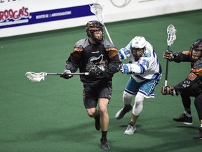Kevin Crowley, carrying the ball in action for the National Lacrosse League’s New England Black Wolves earlier this season, will be back in the Western Lacrosse Association for the first time since 2013 with his hometown New Westminster Salmonbellies.