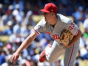 Nick Pivetta of the Philadelphia Phillies pitches in the first inning against the Los Angeles Dodgers at Dodger Stadium on April 30, 2017 in Los Angeles, California.
